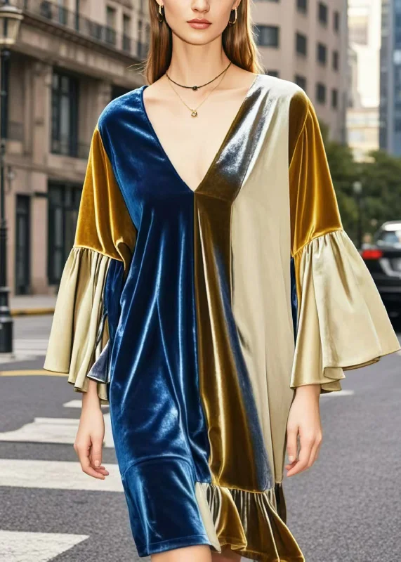 casual summer dressElegant Colorblock V Neck Patchwork Silk Velvet Mid Dresses Spring