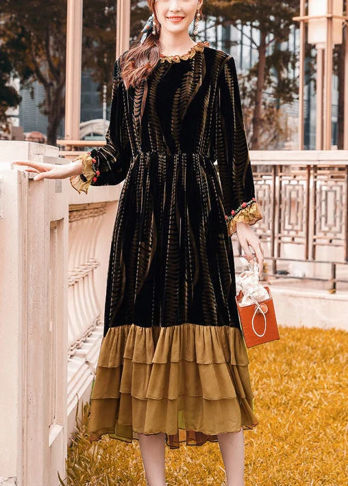 Savings Galore structured dressPlus Size Brown Cinched Patchwork Ruffles Silk Velour Dress Spring
