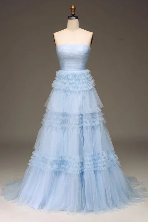 Take Advantage ruffle dressStrapless Slit Light Blue Prom Dress