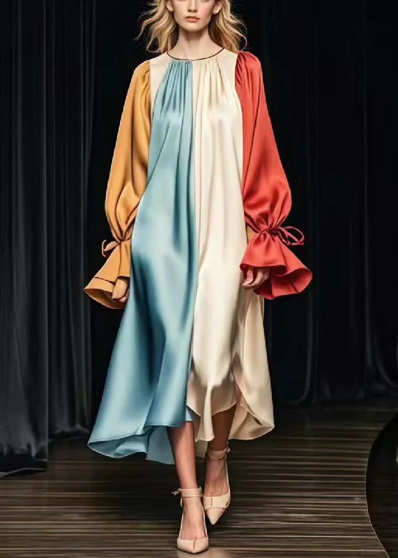 form-fitting dressPlus Size Colorblock Oversized Patchwork Silk Long Dress Flare Sleeve