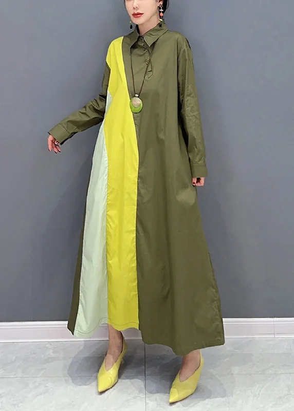 Price Blitz casual summer dressPlus Size Army Green Peter Pan Collar Patchwork Cotton Maxi Dresses Spring