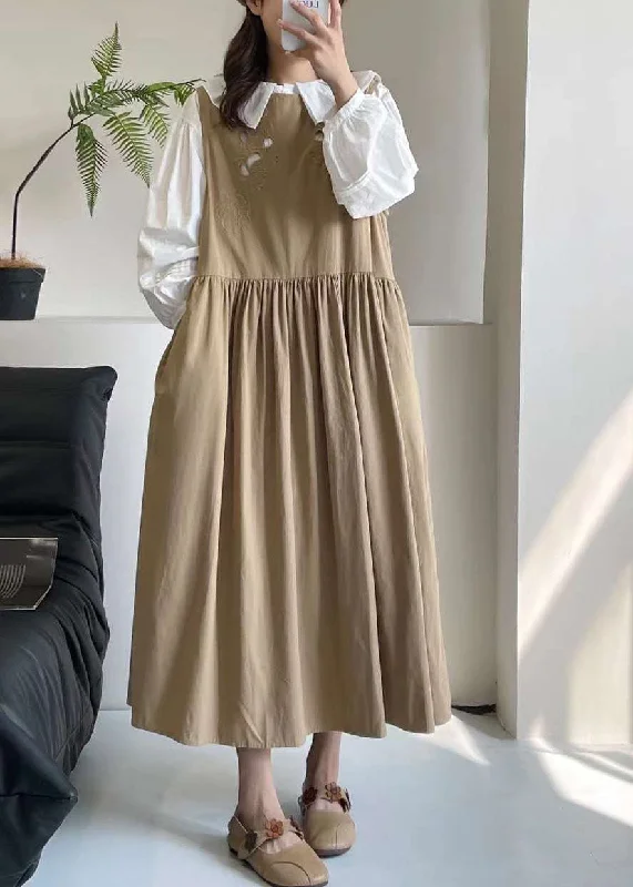 Super Sale comfy dressCasual Khaki Hollow Out Long Dress Sleeveless