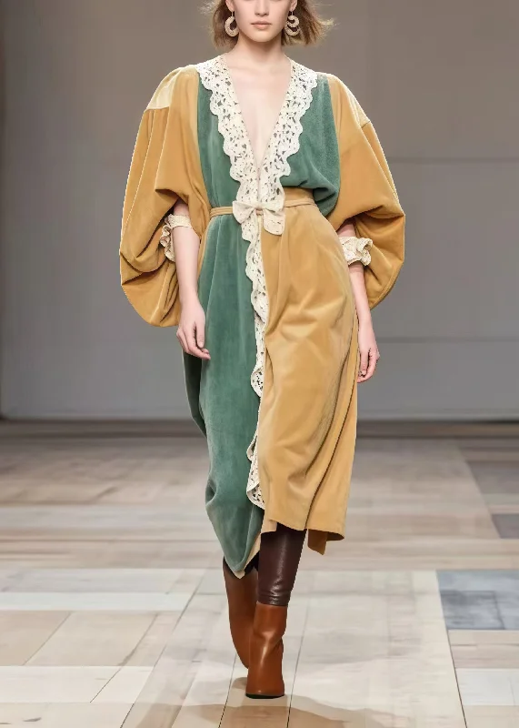 lace-up dressBoutique Khaki Oversized Patchwork Lace Silk Velvet Dresses Spring