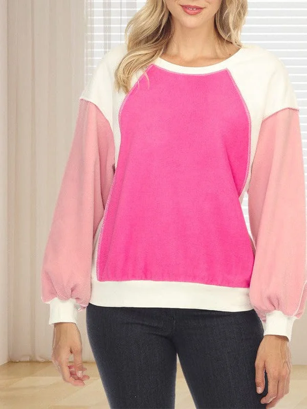 Price Drop Plush Fleece Contrast Color Lantern Sleeve Sweatshirt