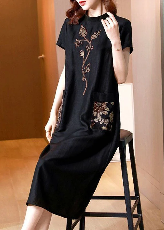 Buy More, Save More comfy dressWomen Black Stand Collar Embroideried Pockets Silk Dresses Summer Buy More, Save More comfy dressWomen Black Stand Collar Embroideried Pockets Silk Dresses Summer