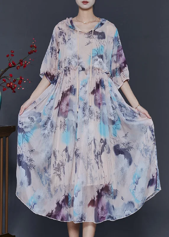 textured dressApricot Print Chiffon Hoodie Dress Ruffled Summer