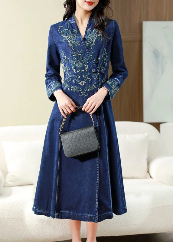 Huge Savings flowy evening dressSlim Fit Blue Embroideried Chinese Button Exra Large Hem Denim Dress Spring