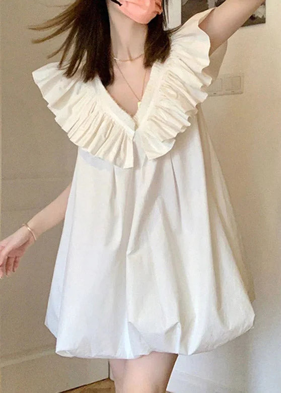 ashionable dressCute White V Neck Ruffled Mid Dress Short Sleeve