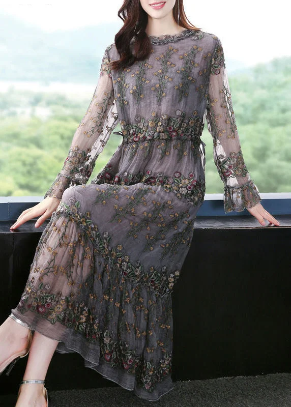 Deal Zone midi dressUnique Grey Embroideried Patchwork Silk Maxi Dresses Spring