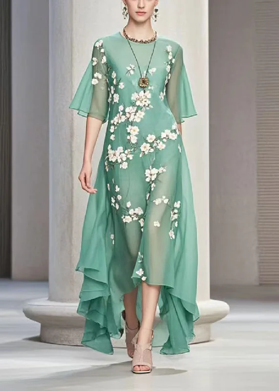 Customer Appreciation Sale casual summer dressBoutique Green Asymmetrical Print Chiffon Maxi Dress Summer