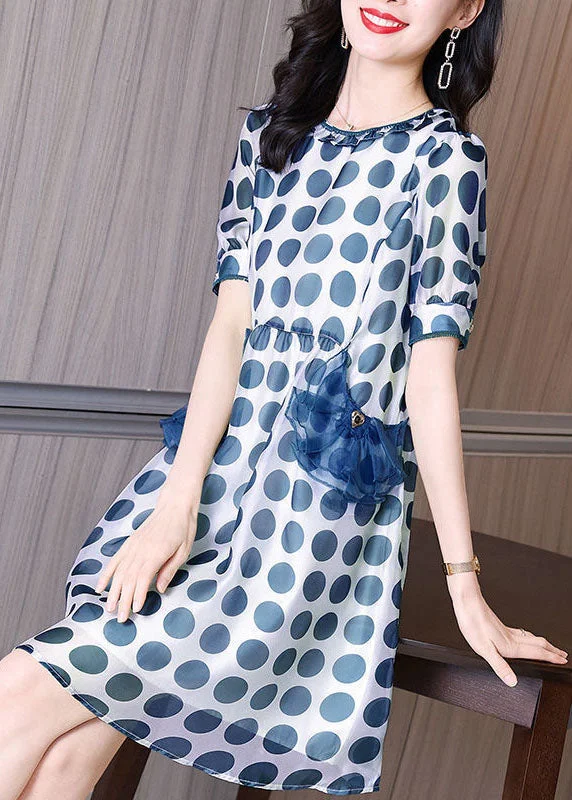 mini dressBlue Print Chiffon Holiday Dresses O-Neck Slim Fit Summer