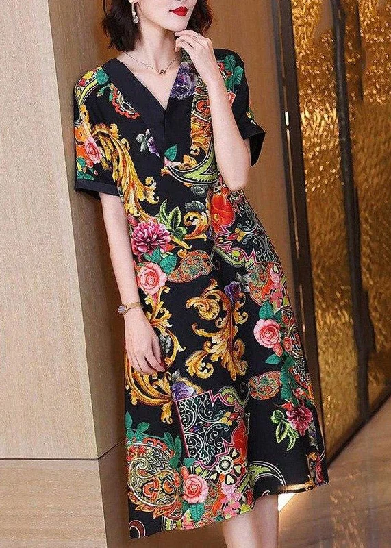 Shop and Save playful dressElegant V Neck Print Silk Party Dress Short Sleeve