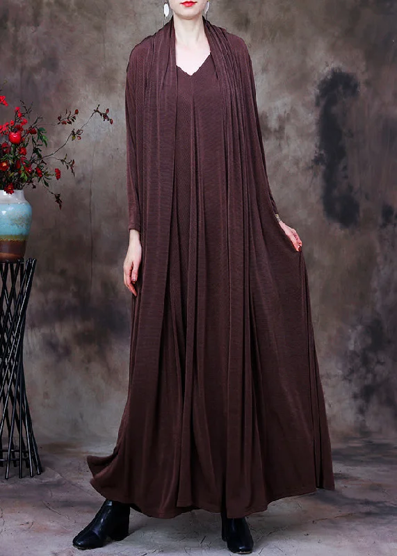 Super Sale wool dressLoose Brown V Neck Fake Two Pieces Silk Long Dresses Long Sleeve Super Sale wool dressLoose Brown V Neck Fake Two Pieces Silk Long Dresses Long Sleeve