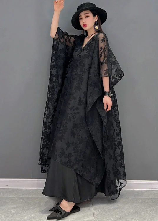 Savings Alert structured dressHandmade Black V Neck Embroideried Asymmetrical Design Silk Tulle Long Dress Batwing Sleeve