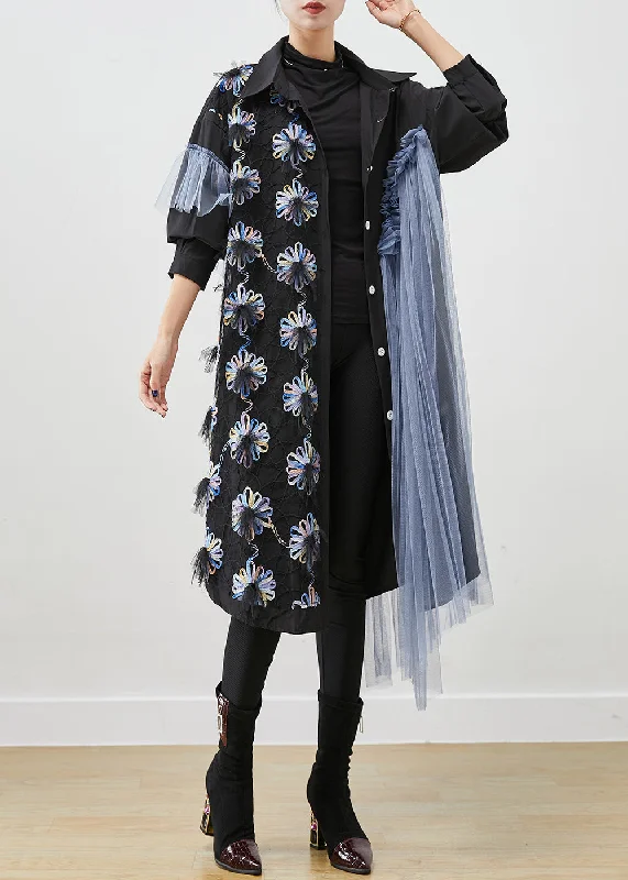 elegant shift dressChic Black Floral Ruffled Patchwork Tulle Cotton Shirt Dress Fall