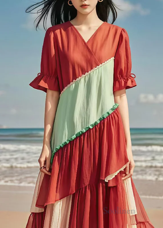 Instant Discount A-line dressBoho Red V Neck Patchwork Tulle Cotton Long Dress Summer Instant Discount A-line dressBoho Red V Neck Patchwork Tulle Cotton Long Dress Summer