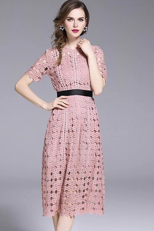 chic wrap dressPink Lace Dress W/ Contrast Band