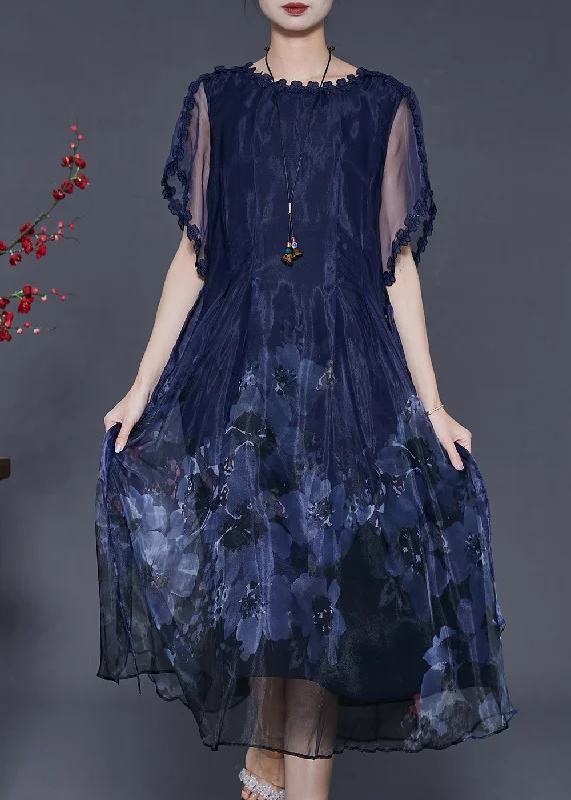 Overstock formal dressBoutique Peacock Blue Print Hollow Out Silk Dresses Summer