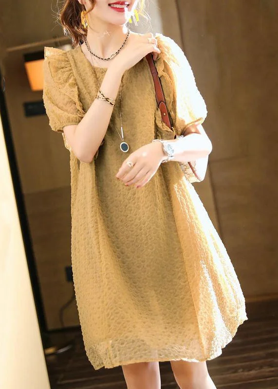 long sleeve dressClassy Khaki O-Neck Ruffled Patchwork Chiffon Dresses Summer