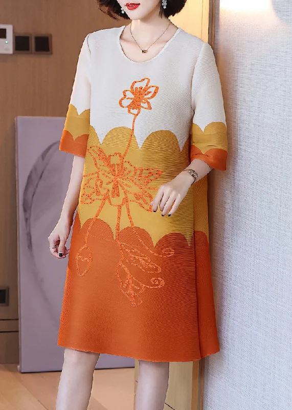 Seasonal Sale pleated maxi dressOrange O-Neck Print Maxi Dress Half Sleeve