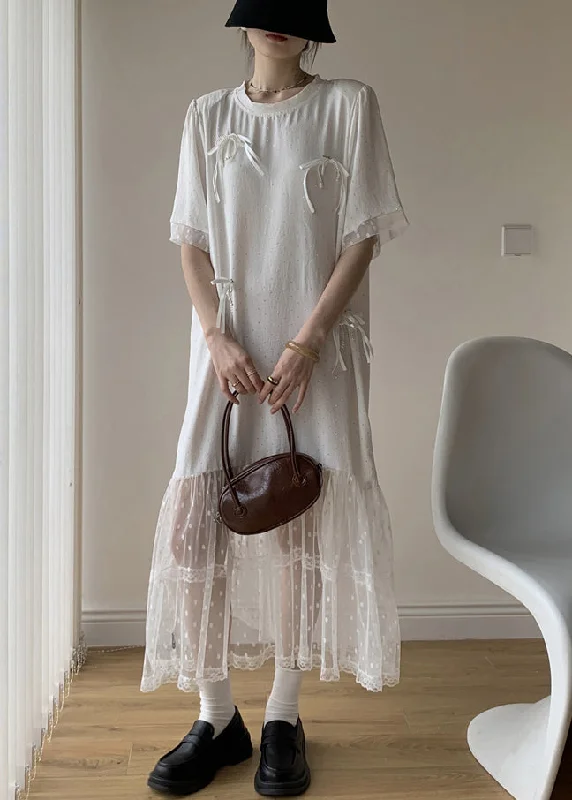 Grand Opening Sale office dressWhite Bow Tulle Patchwork Cotton Summer Long Dress O Neck