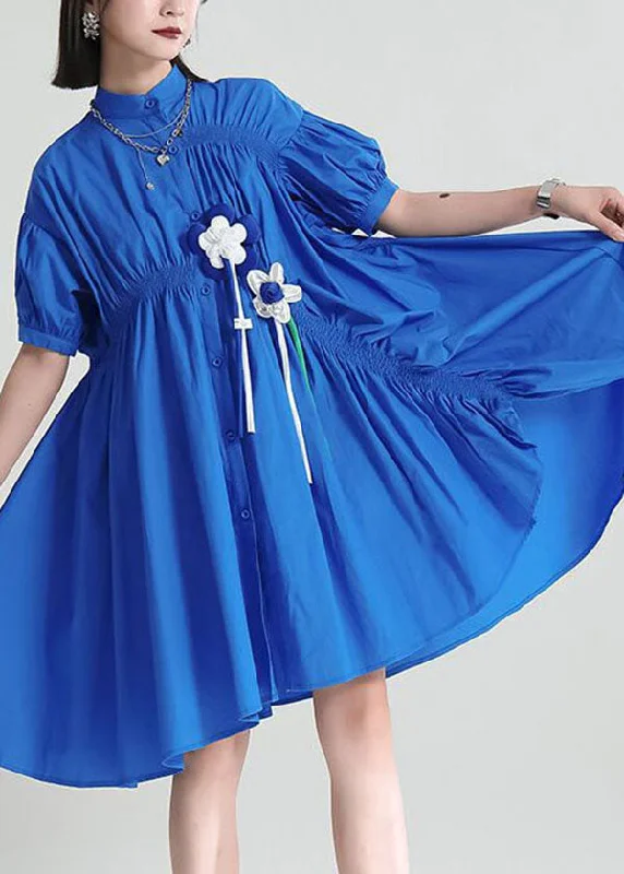 chic wrap dressDIY Blue Asymmetrical Wrinkled Applique Cotton Robe Dresses Short Sleeve