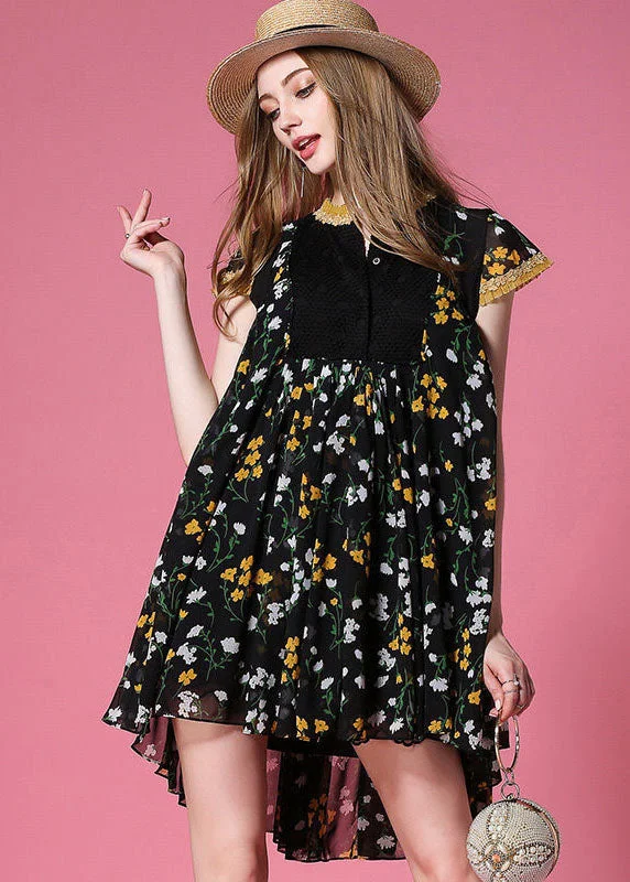 modern dressStyle Black Print Low High Design Chiffon Pleated Dress Summer