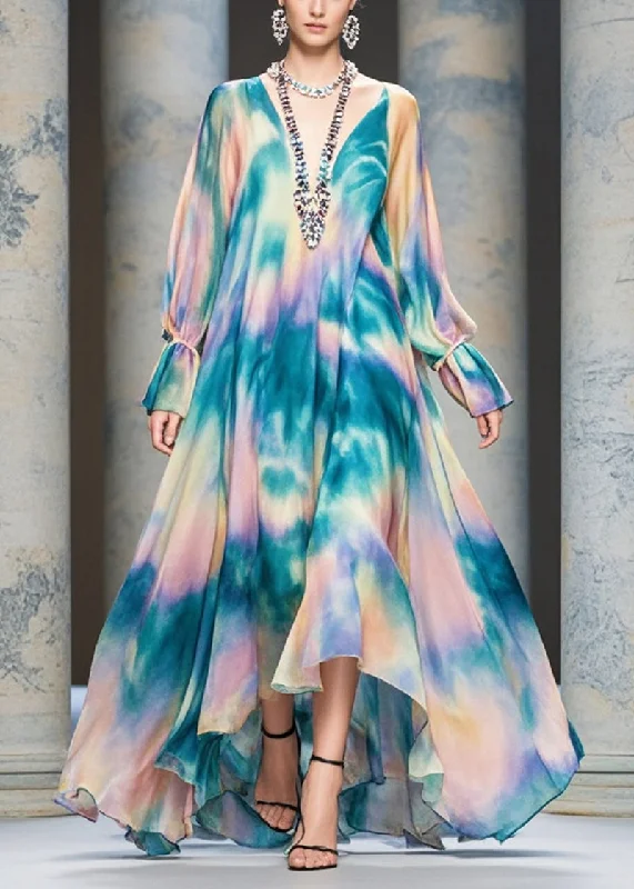 Super Bargain A-line dressWomen Rainbow Tie Dye Exra Large Hem Chiffon Beach Dress Fall