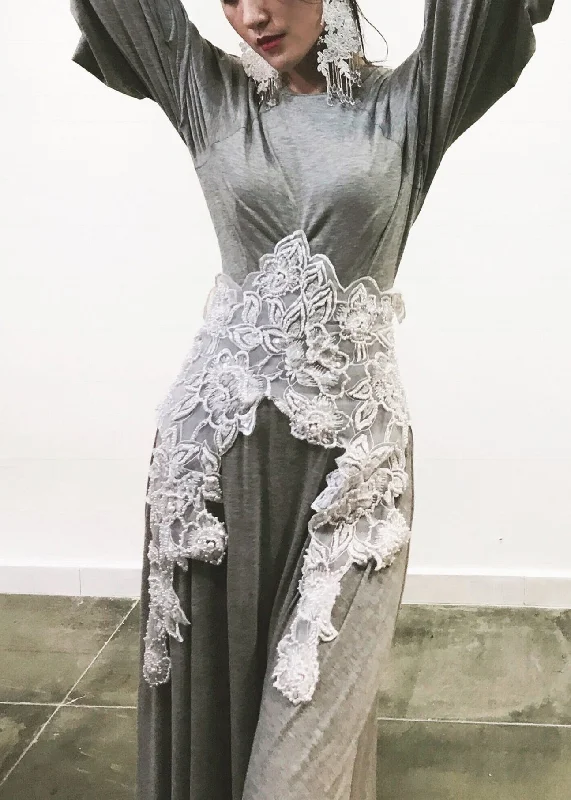 flowy evening dressHandmade Grey Tulle Nail Bead Patchwork Cotton Long Dresses Lantern Sleeve