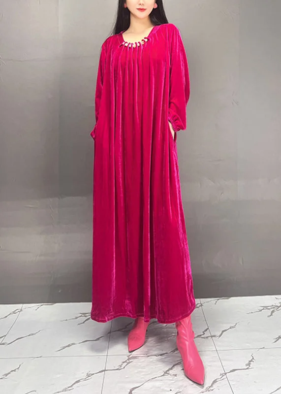 ashionable dressHandmade Rose O-Neck Wrinkled Velour Maxi Dresses Spring