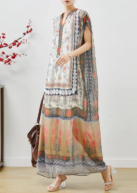 Special Promotion midi dressFine Khaki Oversized Print Chiffon Beach Dress Summer