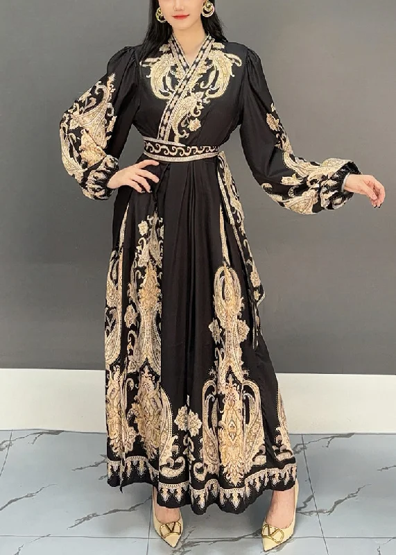 Big Discounts boho-chic dressBlack Print High Waist Fall Maxi Dresses V Neck