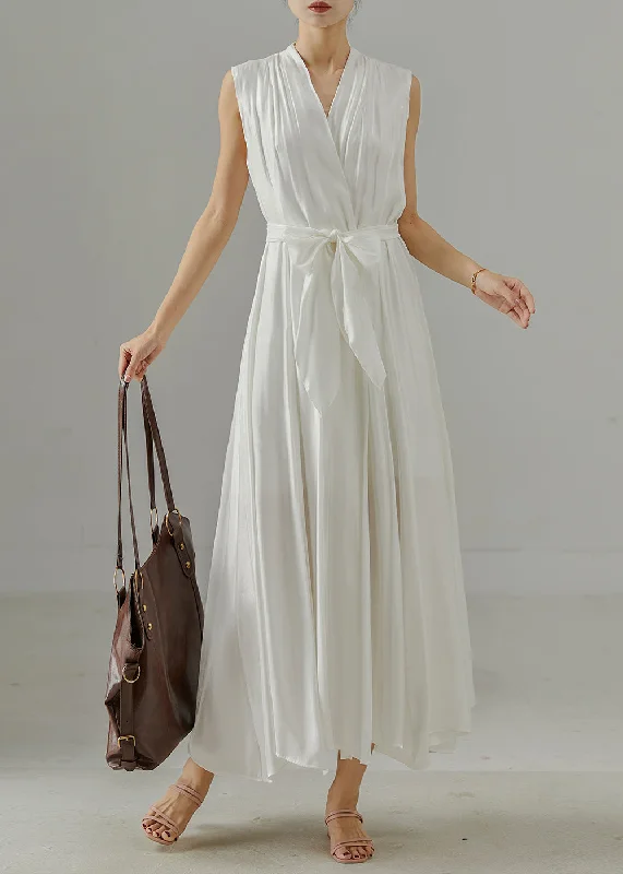 Midnight Sale wool dressBoho White V Neck Tie Waist Cotton Dress Sleeveless