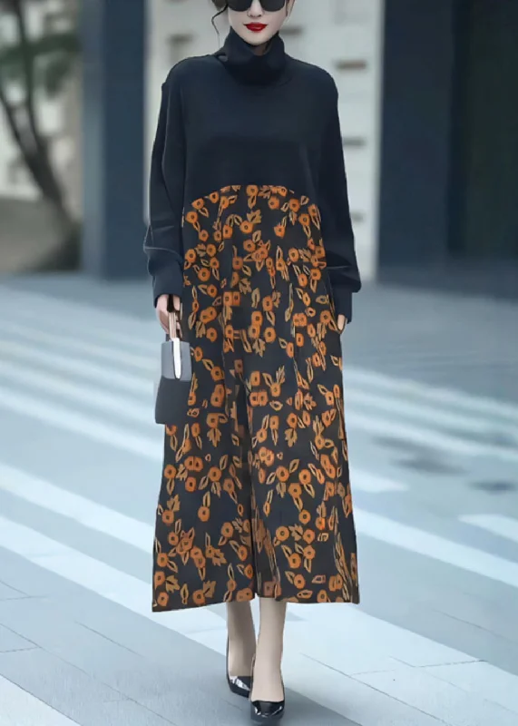 Today’s Special floral dressLoose Black Turtleneck Print Patchwork Long Dresses Winter Today’s Special floral dressLoose Black Turtleneck Print Patchwork Long Dresses Winter