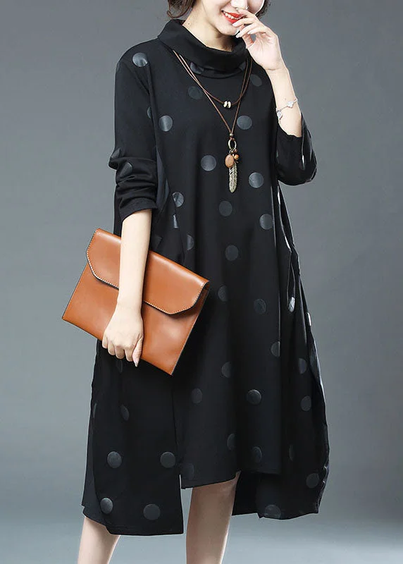 elegant shift dressFashion Black Dot Print Drawstring Patchwork Cotton Dresses Fall