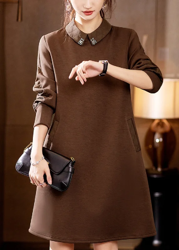 v-neck dressBeautiful Coffee Peter Pan Collar Pockets Cotton Mid Dress Fall