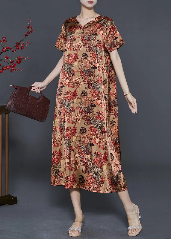 winter dressRed Print Draping Silk Long Dress V Neck Summer