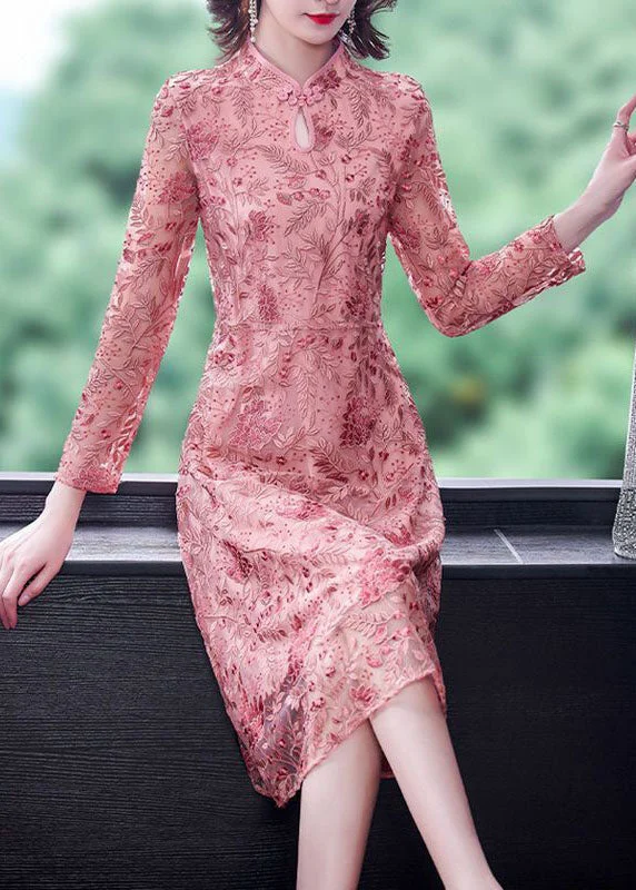 Midnight Madness form-fitting dressChinese Style Pink Embroideried Lace Slim Fit Dresses Spring