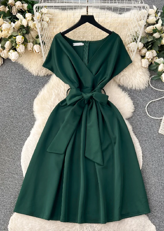 Discount Deals long-sleeve floral dressWomen Blackish Green V Neck Zippered Tie Waist Spandex Dresses Summer