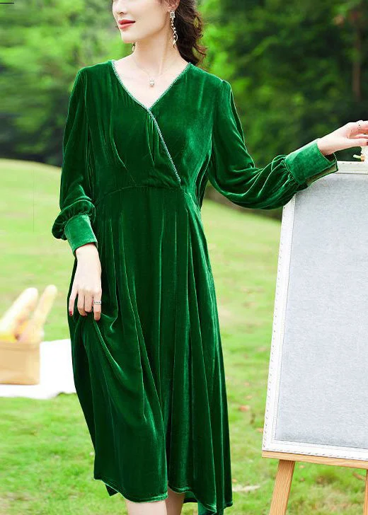 Big Savings textured dressWomen Green V Neck Patchwork Silk Velour Holiday Dress Spring