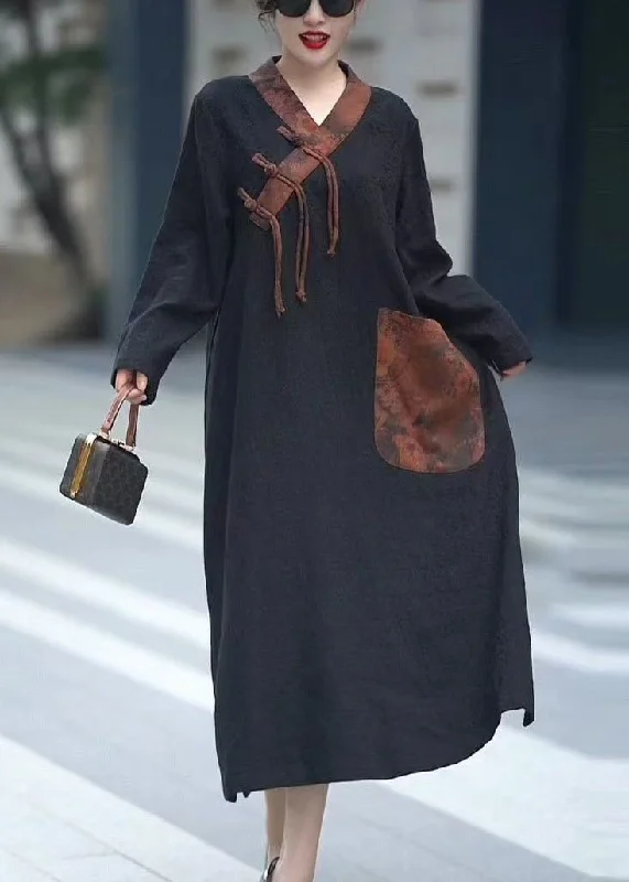Mega Sale sleek dressVintage Black V Neck Chinese Button Pockets Cotton Dresses Spring