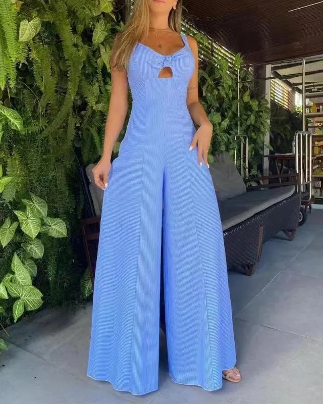 Limited Availability Women's sleeveless solid color casual loose striped wide leg jumpsuit