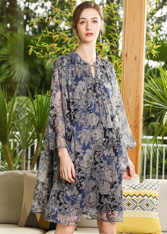 comfy dressPlus Size Stand Collar Oversized Print Chiffon Holiday Dress Long Sleeve