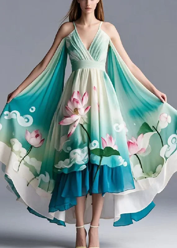 ashionable dressOriginal Design Green Cold Shoulder Lotus Print Chiffon Dress Summer