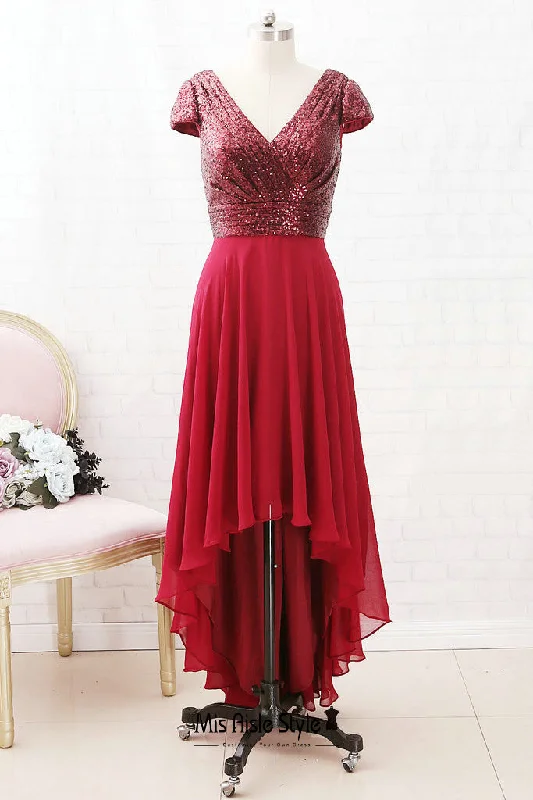 Price Drop vintage dressShort Sleeve Burgundy Sequin Wedding Party Dress