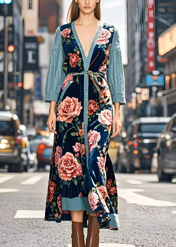 casual slip dressArt Peacock Blue Floral Patchwork Silk Velvet Long Dresses Spring