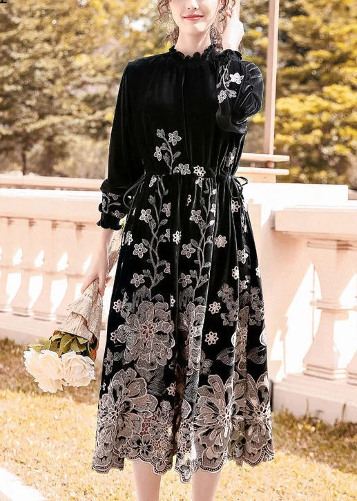 Can't Miss sleeveless dressFrench Black Stand Collar Embroideried Silk Velour Cinched Dresses Spring