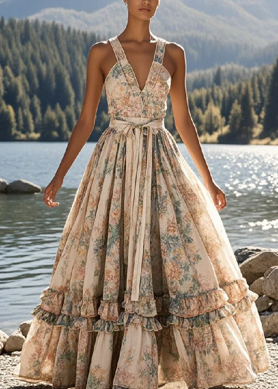 Clearance Event satin midi dressFrench Beige Cinched Print Exra Large Hem Cotton Dress Summer