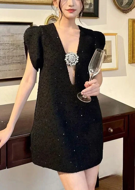 Overstock summer dressFrench Black V Neck Zircon Cotton Mid Dress Summer