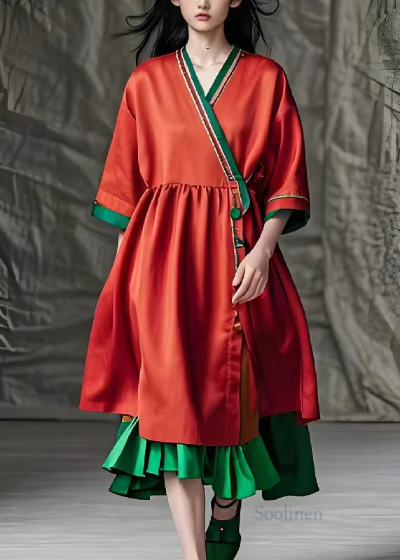Sneak Peek Sale v-neck dressBohemian Red V Neck Patchwork Loose Cotton Dress Summer Sneak Peek Sale v-neck dressBohemian Red V Neck Patchwork Loose Cotton Dress Summer
